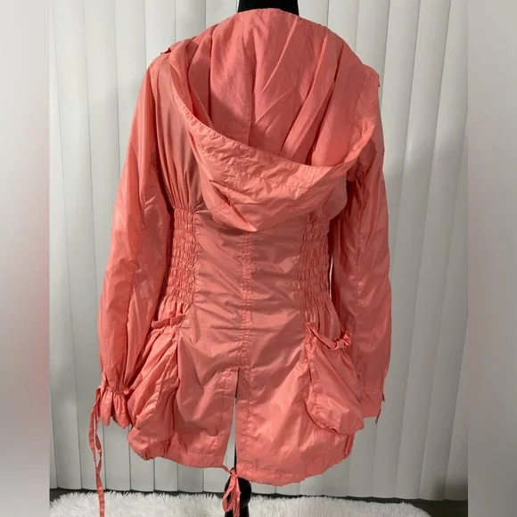 BLANC NOIR Sample Smocked Waist Nylon Anorak Windbreaker Hoodie Jacket Coral S - Picture 7 of 16
